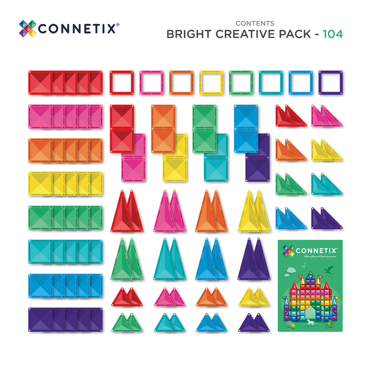 Connetix Bright Creative Pack 104 inhoud bovenaanzicht met vierkanten driehoeken en ideaboekje