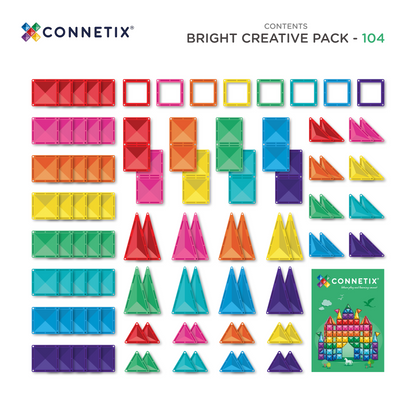 Connetix Bright Creative Pack 104 inhoud bovenaanzicht met vierkanten driehoeken en ideaboekje