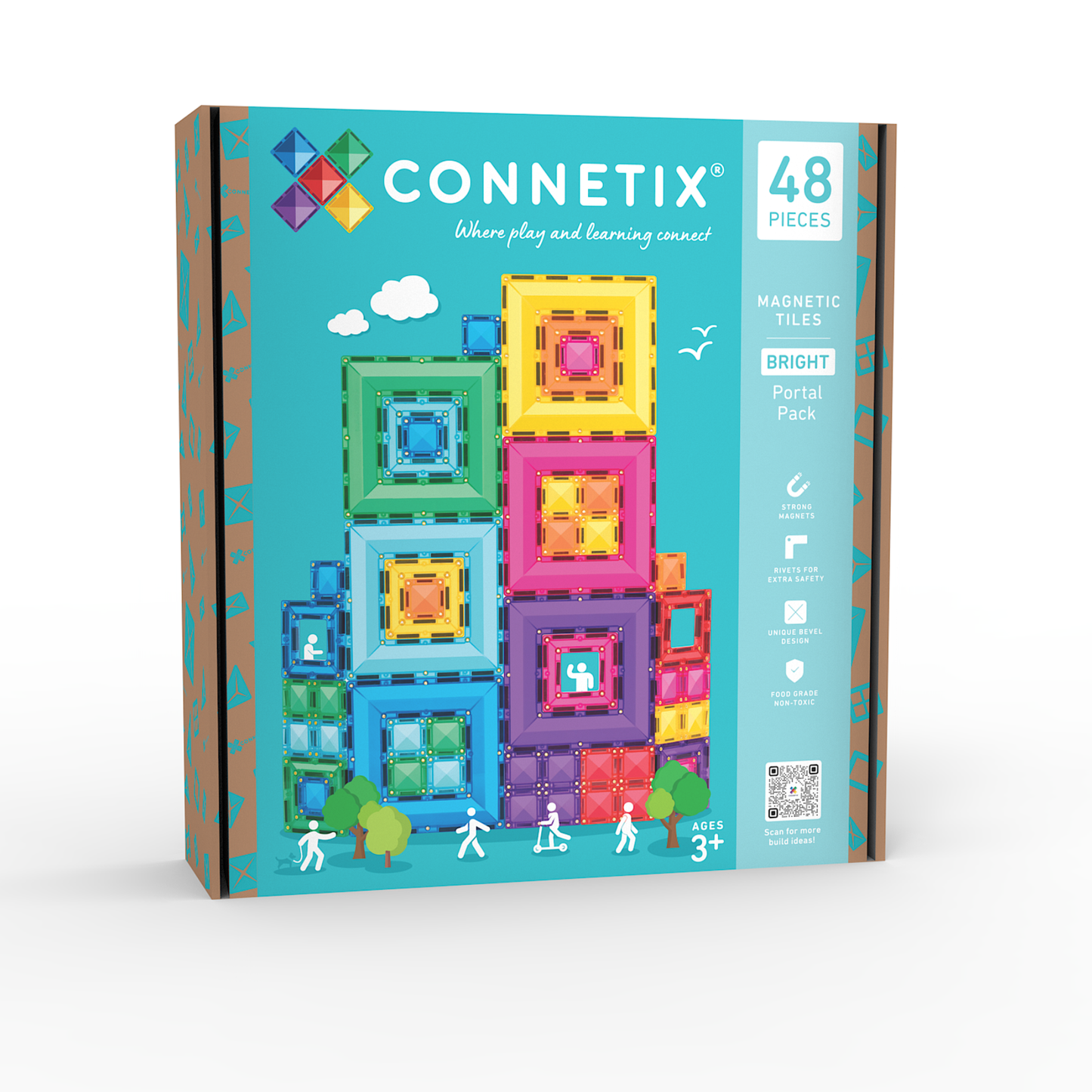 Voorkant doos Connetix Bright Portal Pack 48pc met 48 stuks magnetische tegels, vanaf 3 jaar