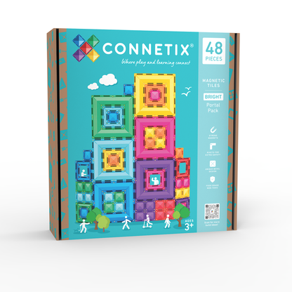 Voorkant doos Connetix Bright Portal Pack 48pc met 48 stuks magnetische tegels, vanaf 3 jaar