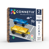 Connetix Cars Set voorkant verpakking met 2 magnetische autos in geel en blauw, 2 tegels, 3+ jaar