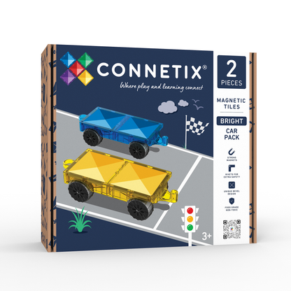 Connetix Cars Set voorkant verpakking met 2 magnetische autos in geel en blauw, 2 tegels, 3+ jaar