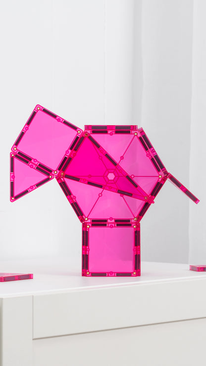 Connetix Charity Pack Pink 20pc magneet speelgoed: roze magnetische tegels gevormd als vogel op witte achtergrond.