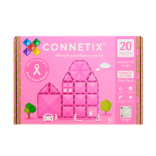 Voorkant verpakking Connetix Charity Pack Pink 20pc magnetische tegels, 20% opbrengst naar borstkankeronderzoek, leeftijd 3+.