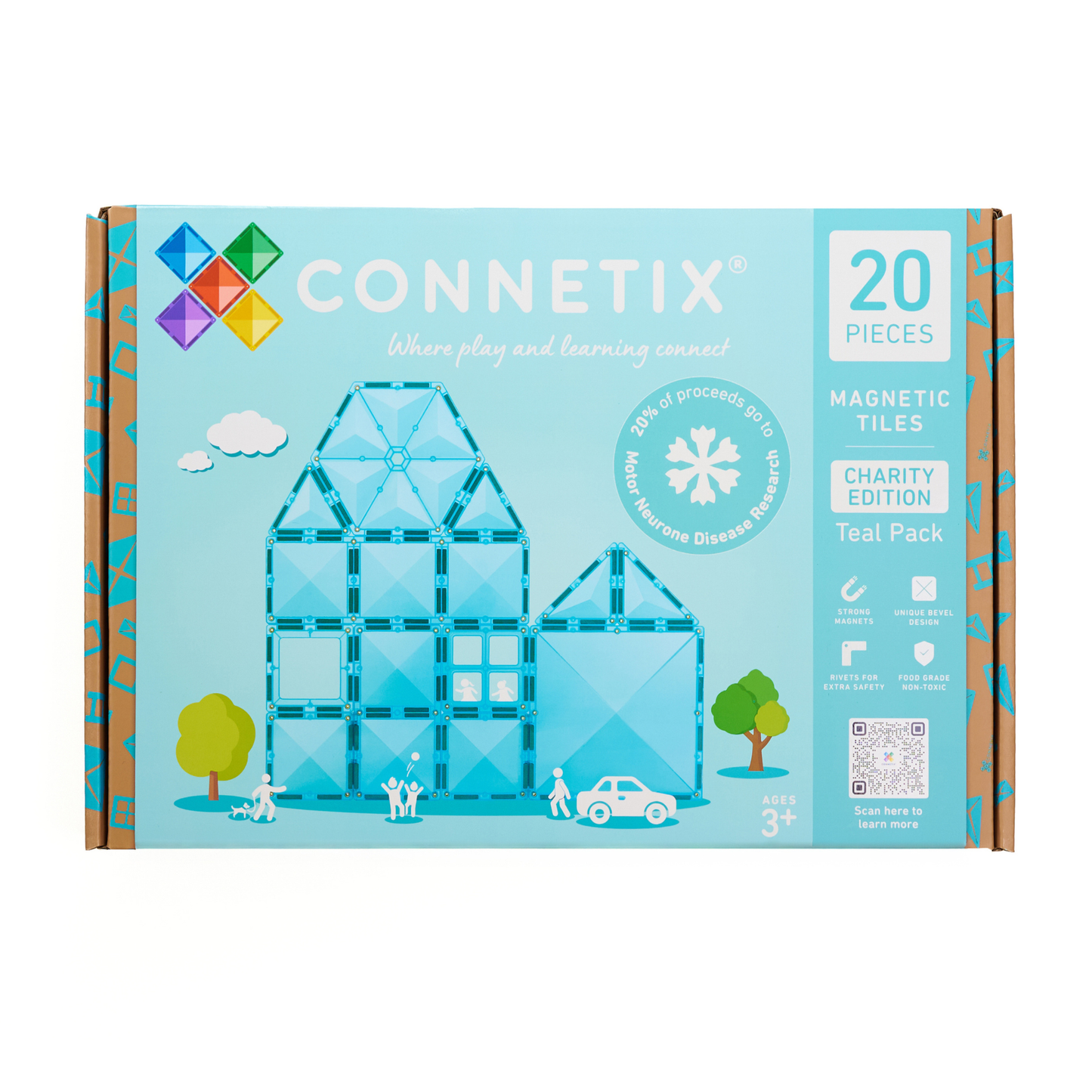 Voorkant verpakking Connetix Charity Pack Teal 20pc – 20 delige magnetische tegels, Charity Edition voor kinderen vanaf 3 jaar.