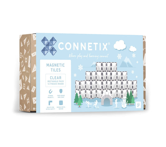 Connetix Clear Rectangle Pack voorkant verpakking met 12 transparante magnetische tegels en iglo constructie