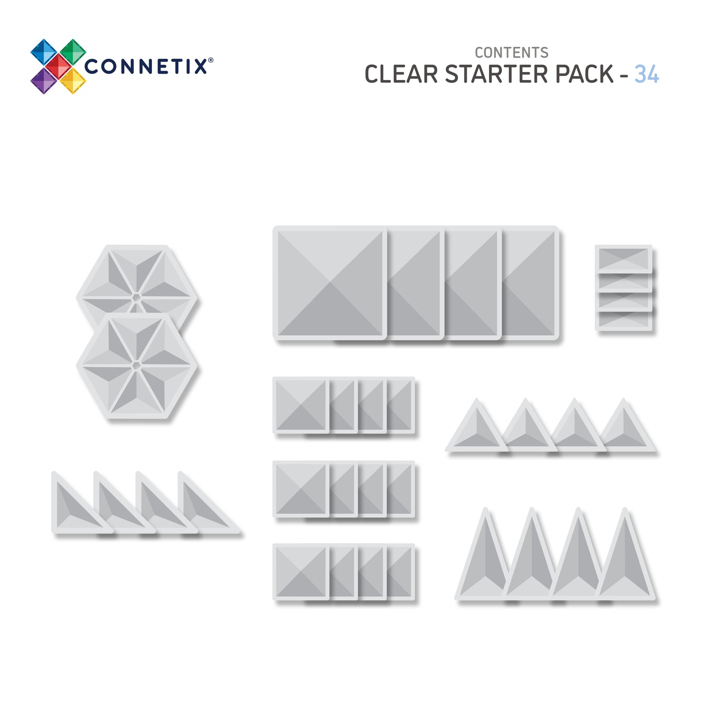 Inhoud overzicht Connetix Clear Starter Pack 34pc met vierkanten, driehoeken en zeshoeken