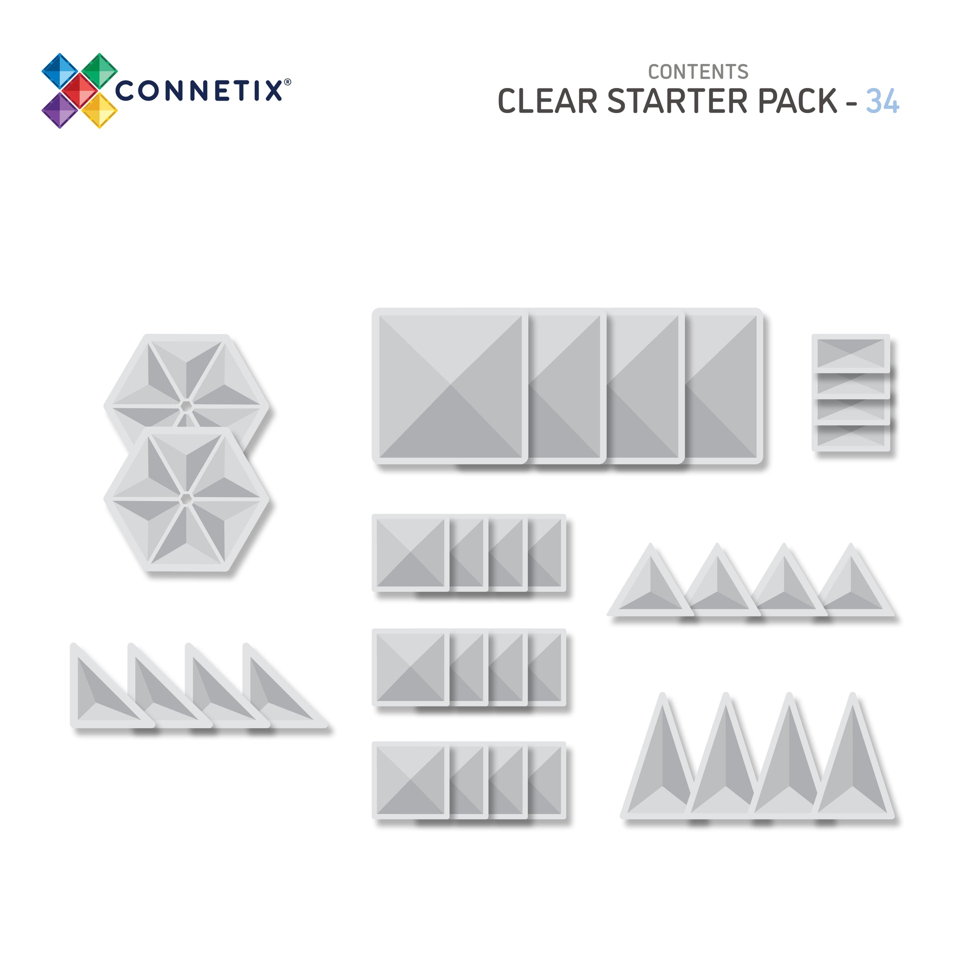 Inhoud overzicht Connetix Clear Starter Pack 34pc met vierkanten, driehoeken en zeshoeken