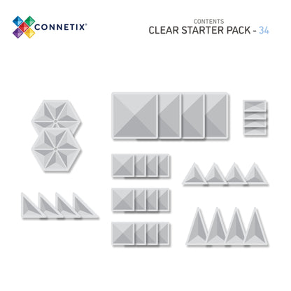 Inhoud overzicht Connetix Clear Starter Pack 34pc met vierkanten, driehoeken en zeshoeken