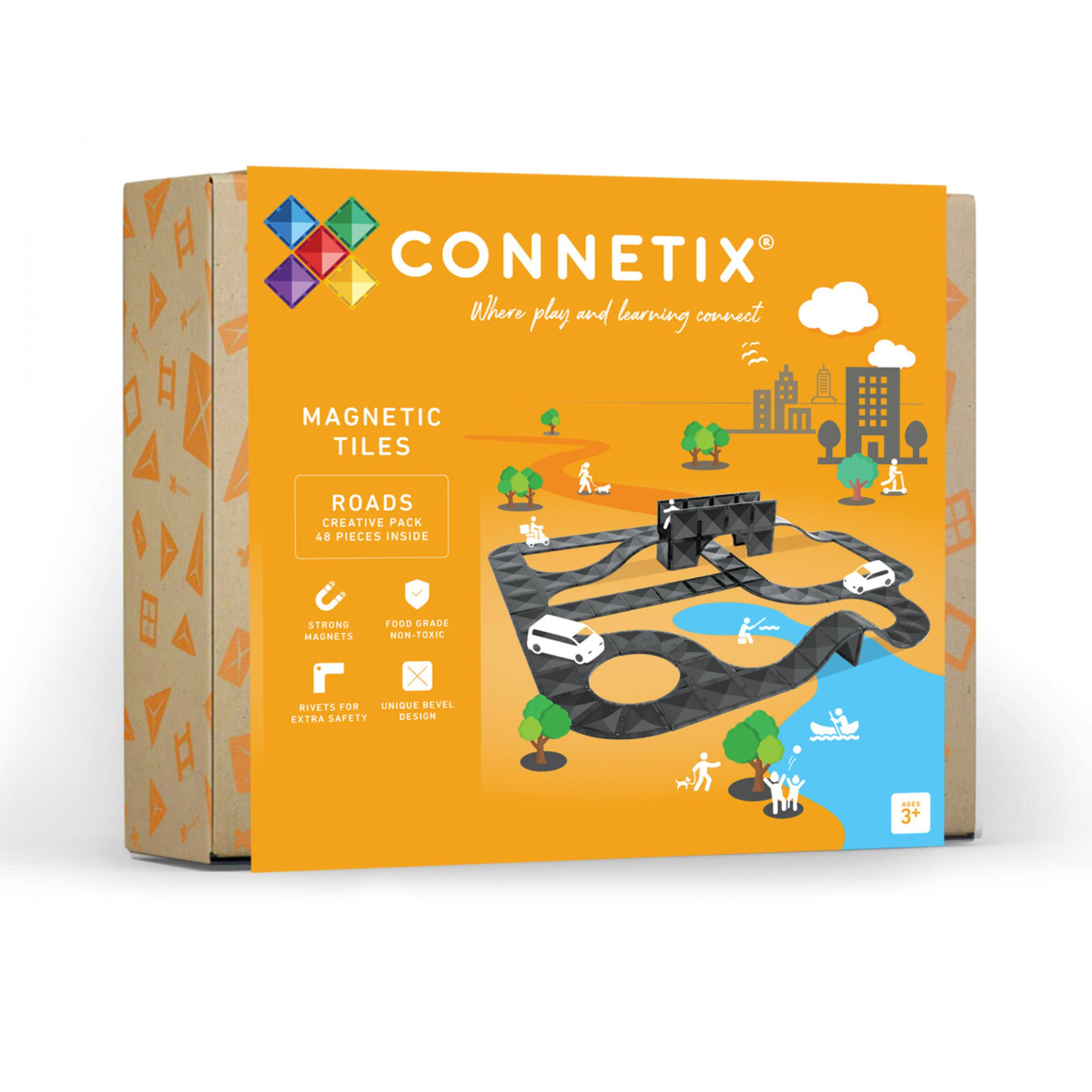 Verpakking Connetix Creative Roads Pack 48pc doos met Magnetic Tiles, geschikt voor kinderen vanaf 3 jaar