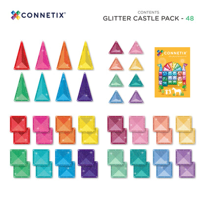 Overzicht inhoud Connetix Glitter Castle Pack 48pc met 48 glitter magnetische tegels en ideeënboekje
