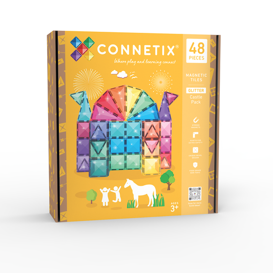 Voorkant verpakking Connetix Glitter Castle Pack 48pc doos met 48 magnetische tiles, vanaf 3 jaar