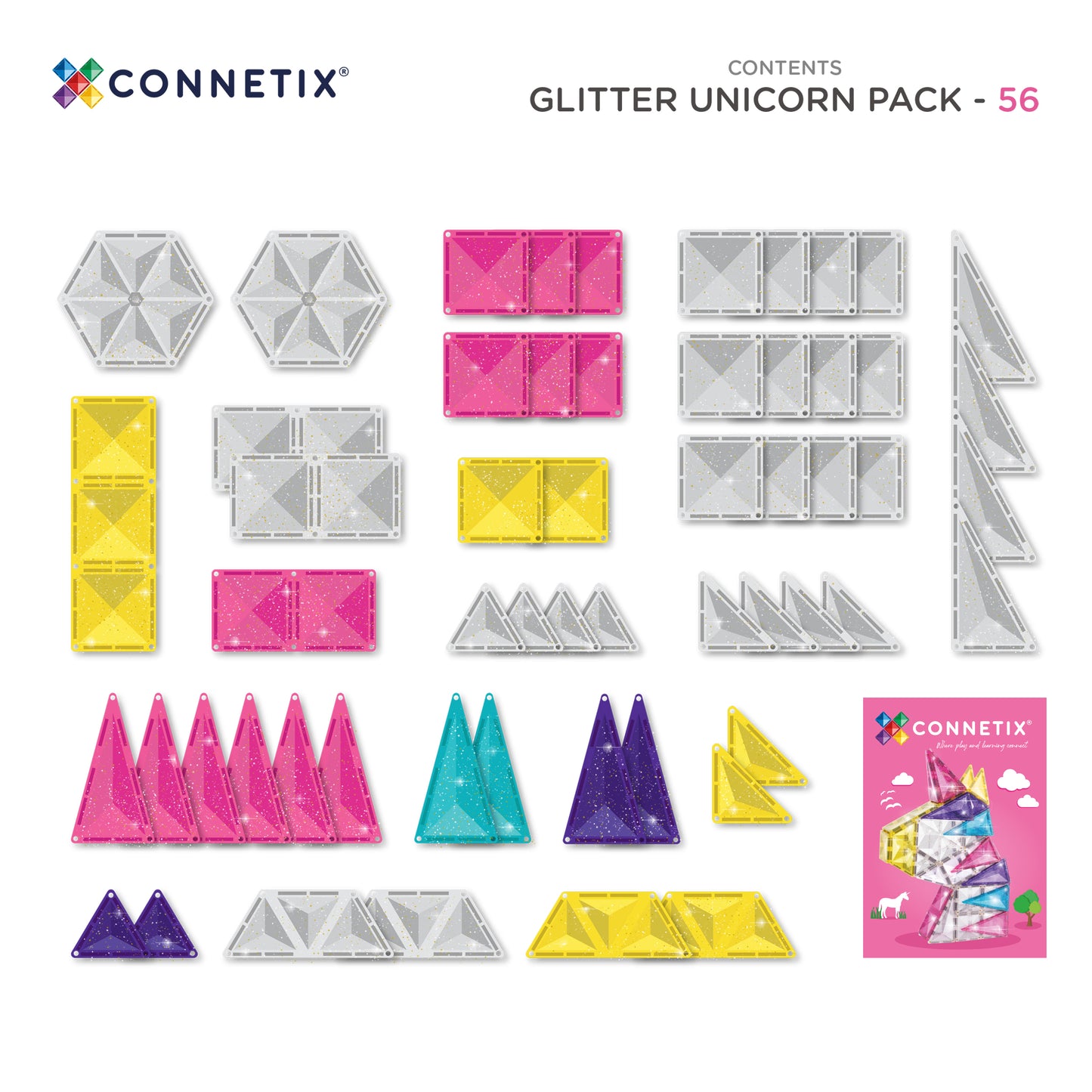 Bovenaanzicht complete inhoud Connetix Glitter Unicorn Pack 56pc met alle 56 magneten speelgoed onderdelen