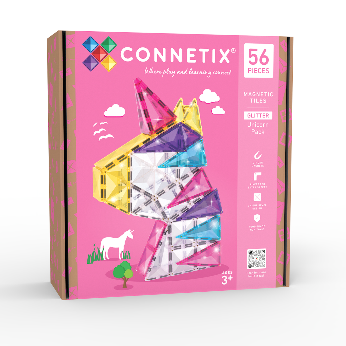 Voorkant verpakking Connetix Glitter Unicorn Pack 56pc roze doos met 56 magnetische tiles voor 3+ jaar