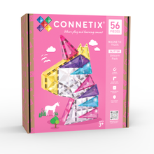 Voorkant verpakking Connetix Glitter Unicorn Pack 56pc roze doos met 56 magnetische tiles voor 3+ jaar