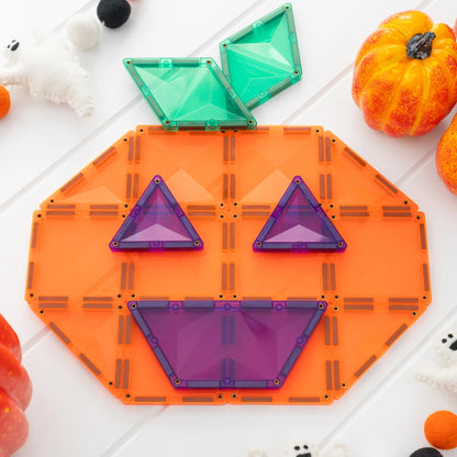 Connetix Halloween Pumpkin Pack bovenaanzicht magnetische tegels oranje paars groen pompoen maken