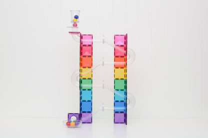 Connetix knikkerbaan rainbow magnetische tegels opbouw met transparante rails en gekleurde ballen