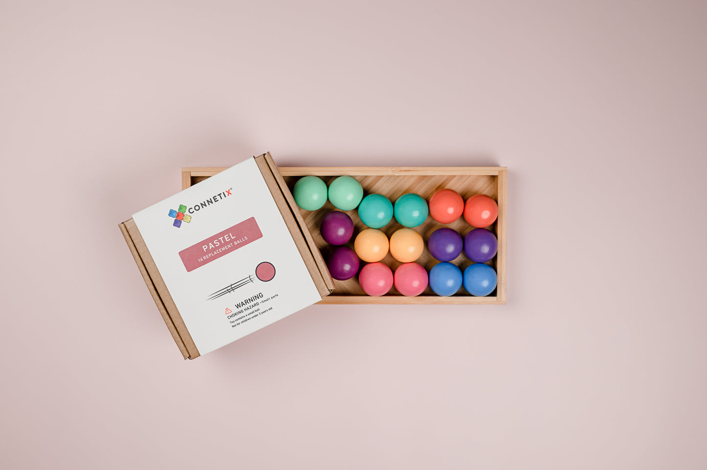 Connetix knikkers pastel 16 stuks in houten bewaardoos, magnetisch speelgoed accessoire open doos