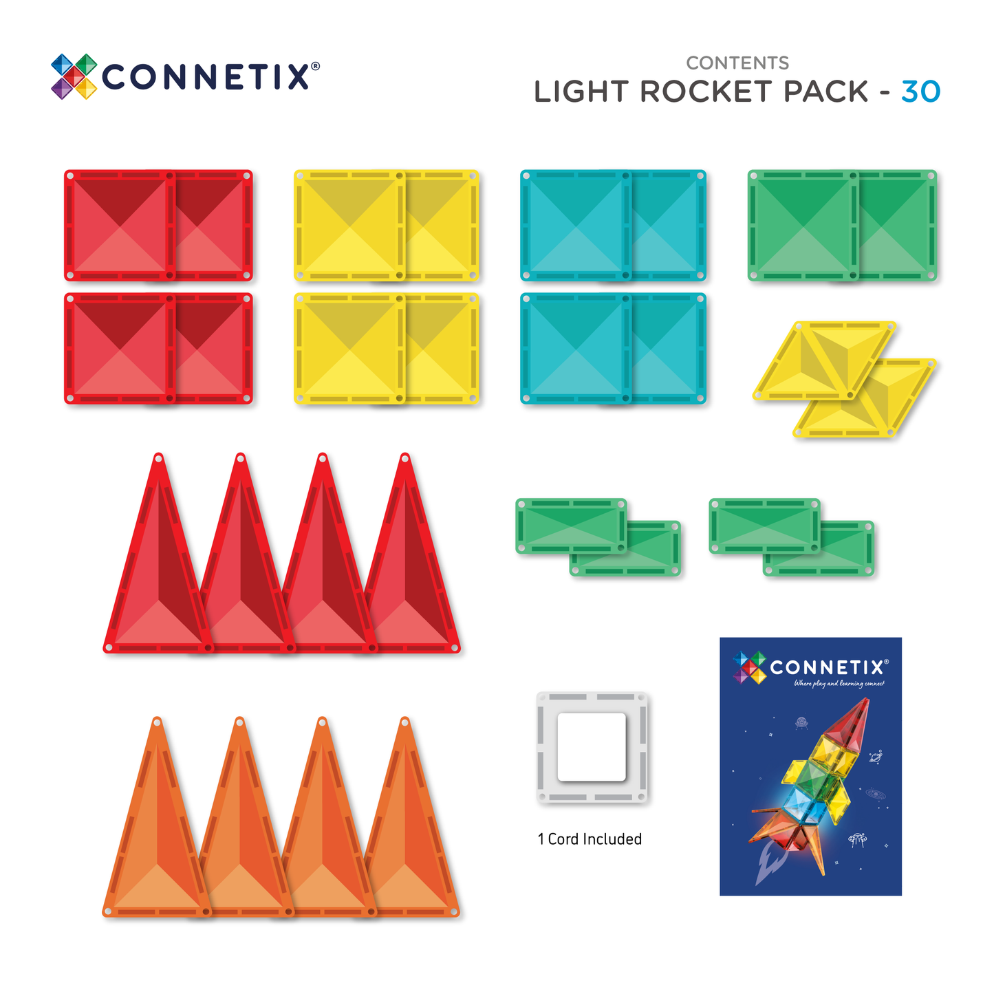 Connetix Light Rocket Pack 30 inhoud overzicht met kleurrijke magneten speelgoed tegels en vormen