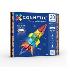 Magnetisch speelgoed Connetix Light Rocket Pack met 30 tegels, voorkant verpakking met raket