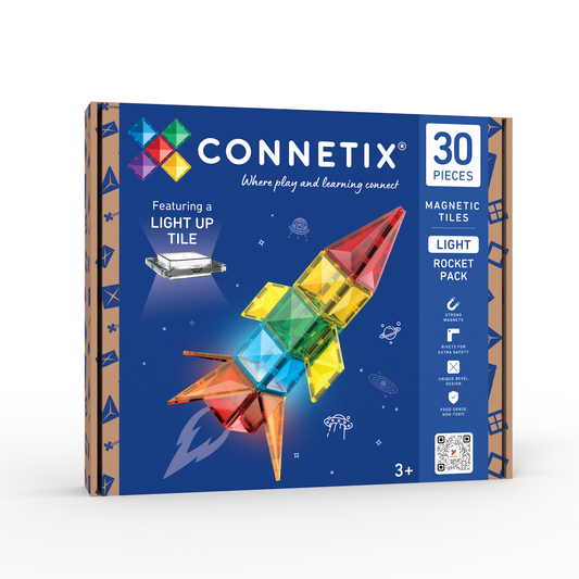 Magnetisch speelgoed Connetix Light Rocket Pack met 30 tegels, voorkant verpakking met raket