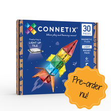 Magnetisch speelgoed Connetix Light Rocket Pack met 30 tegels, voorkant verpakking met badge