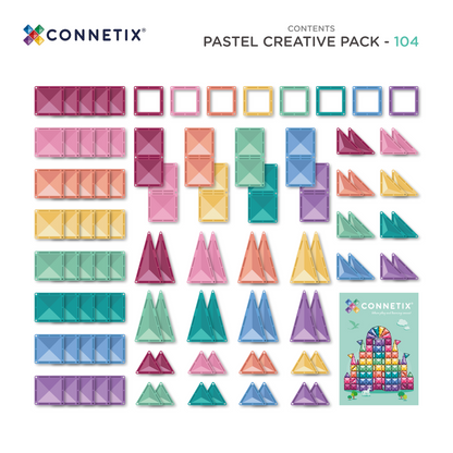 Connetix magneet speelgoed inhoud overzicht met 104 pastelkleurige vierkanten en driehoeken bovenaanzicht