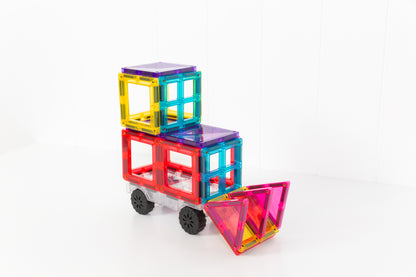 Connetix magneten speelgoed creatieve constructie met gekleurde magnetische tegels en wielen op wit