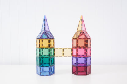 Connetix magneten speelgoed torens met pastel kleurverloop van groen naar roze en paars bouwen