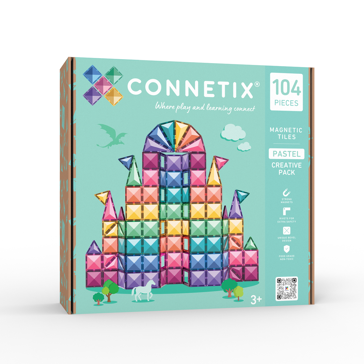 Connetix magnetisch speelgoed voorkant doos met kasteel van pastelkleurige tiles en eenhoorn, 104 stuks