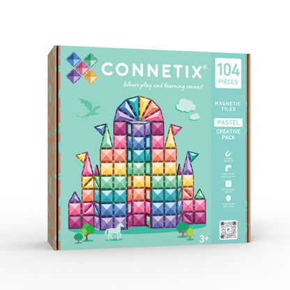 Connetix magnetisch speelgoed voorkant doos met kasteel van pastelkleurige tiles en eenhoorn, 104 stuks