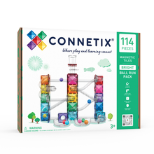 Connetix Bright Ball Run Pack voorkant verpakking met 114 stuks magnetische tegels voor knikkerbaan