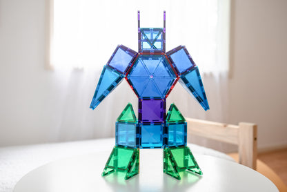 Connetix magnetische tegels robot figuur met blauwe en groene tiles en paarse details creatief gebouwd