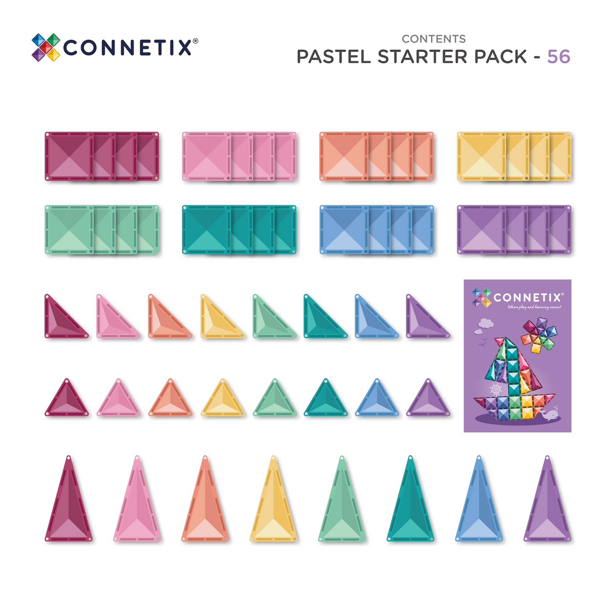 Connetix Pastel Starter Pack 56 inhoud overzicht vierkante driehoekige magnetische tegels