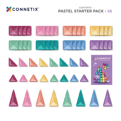 Connetix Pastel Starter Pack 56 inhoud overzicht vierkante driehoekige magnetische tegels