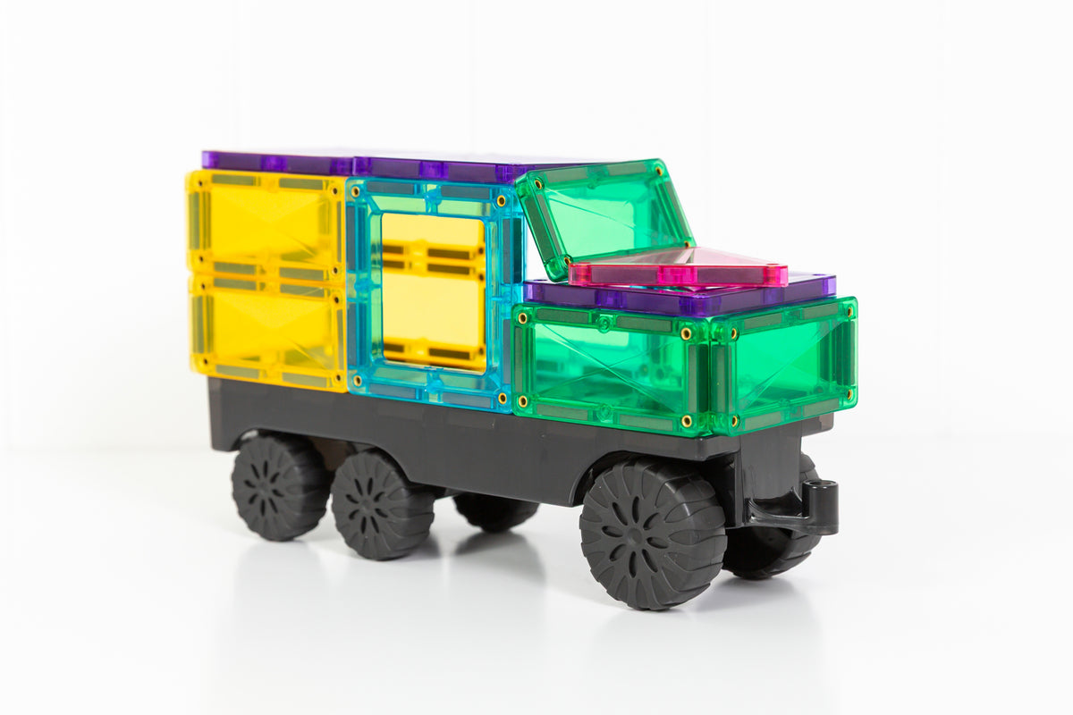 Connetix magnetische tegels vrachtwagen detail - groene, gele en paarse onderdelen met zwart onderstel