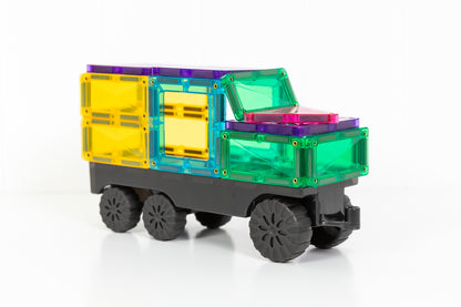 Connetix magnetische tegels vrachtwagen detail - groene, gele en paarse onderdelen met zwart onderstel