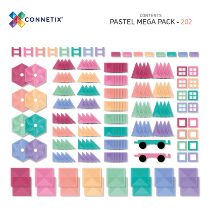 Connetix Pastel Mega Pack inhoud overzicht met 202 stuks magneten speelgoed in diverse vormen
