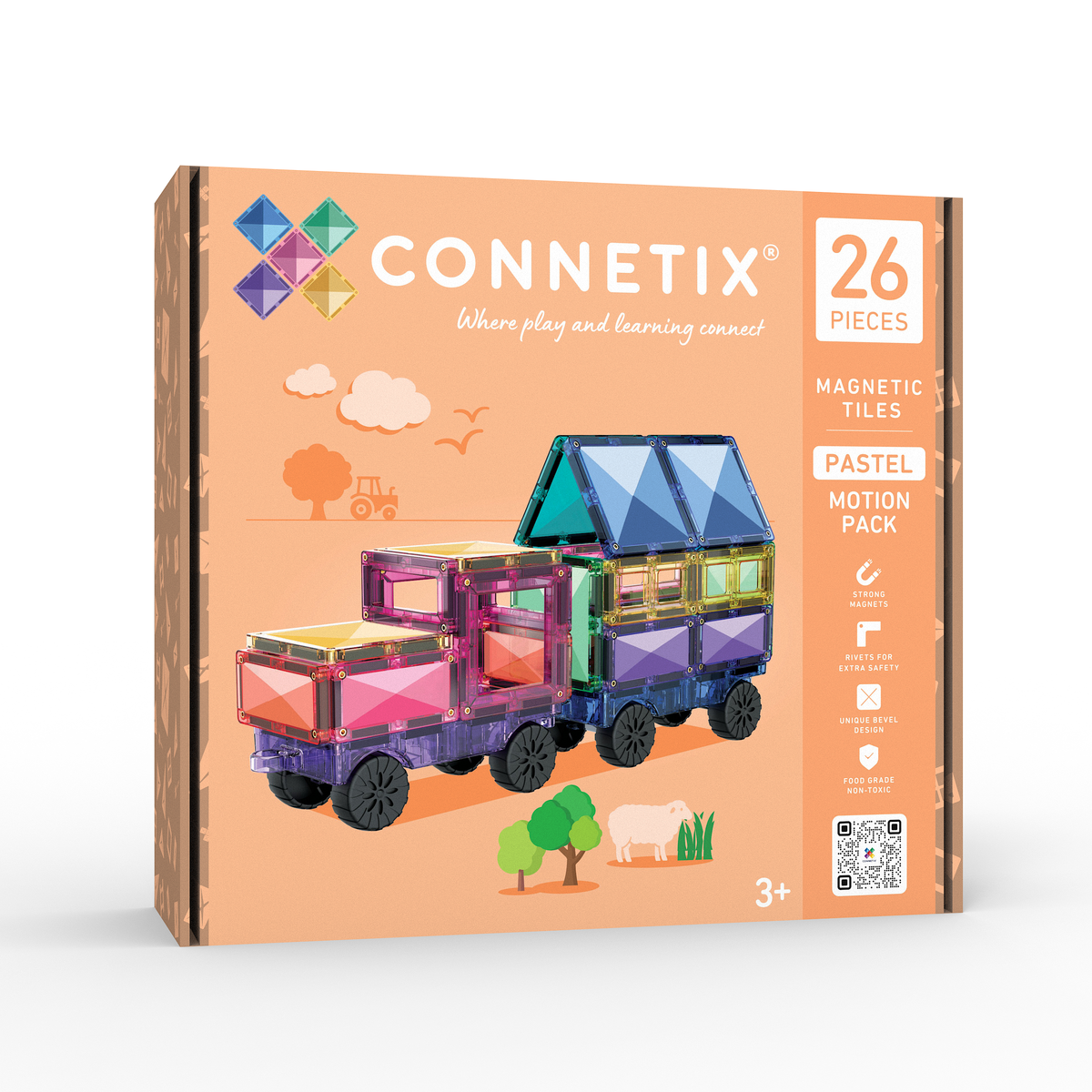 Connetix Pastel Motion Pack 26 verpakking met magnetisch speelgoed trein in pasteltinten en wielen