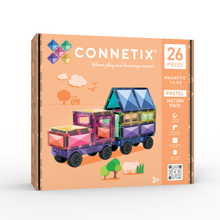 Connetix Pastel Motion Pack 26 verpakking met magnetisch speelgoed trein in pasteltinten en wielen