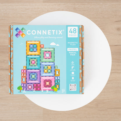 Connetix Pastel Portal Pack 48pc verpakking bovenaanzicht met magnetische bouwstenen afgebeeld