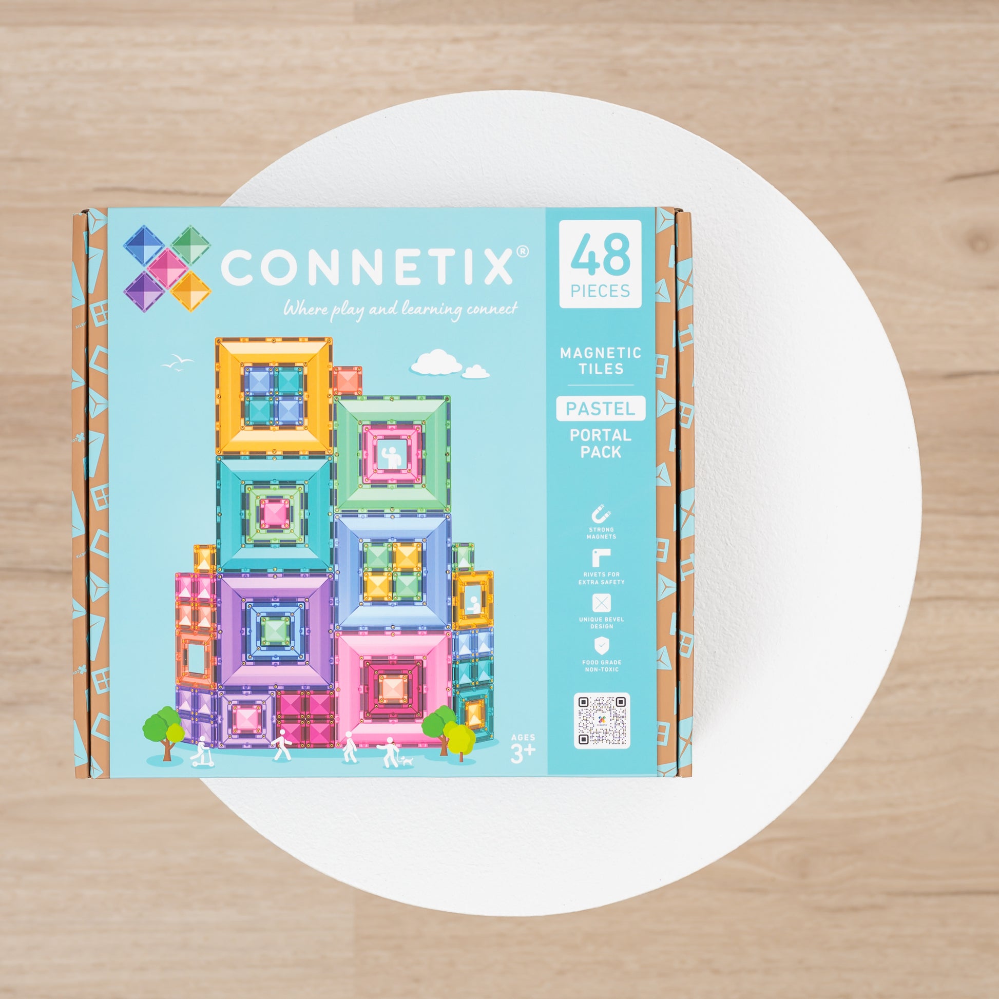 Connetix Pastel Portal Pack 48pc verpakking bovenaanzicht met magnetische tegels afgebeeld