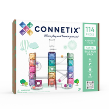 Connetix Pastel Ball Run Pack 114 doos voorkant met magnetisch speelgoed knikkerbaan 3+ jaar