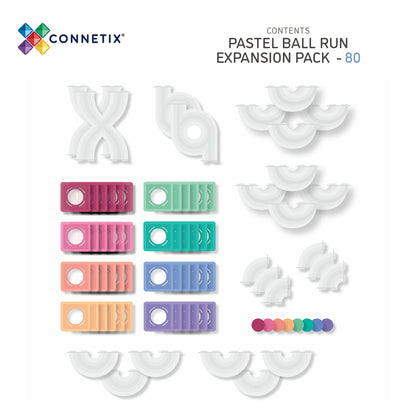Inhoud overzicht Connetix Pastel Ball Run Expansion Pack 80pc connetix speelgoed met 80 onderdelen