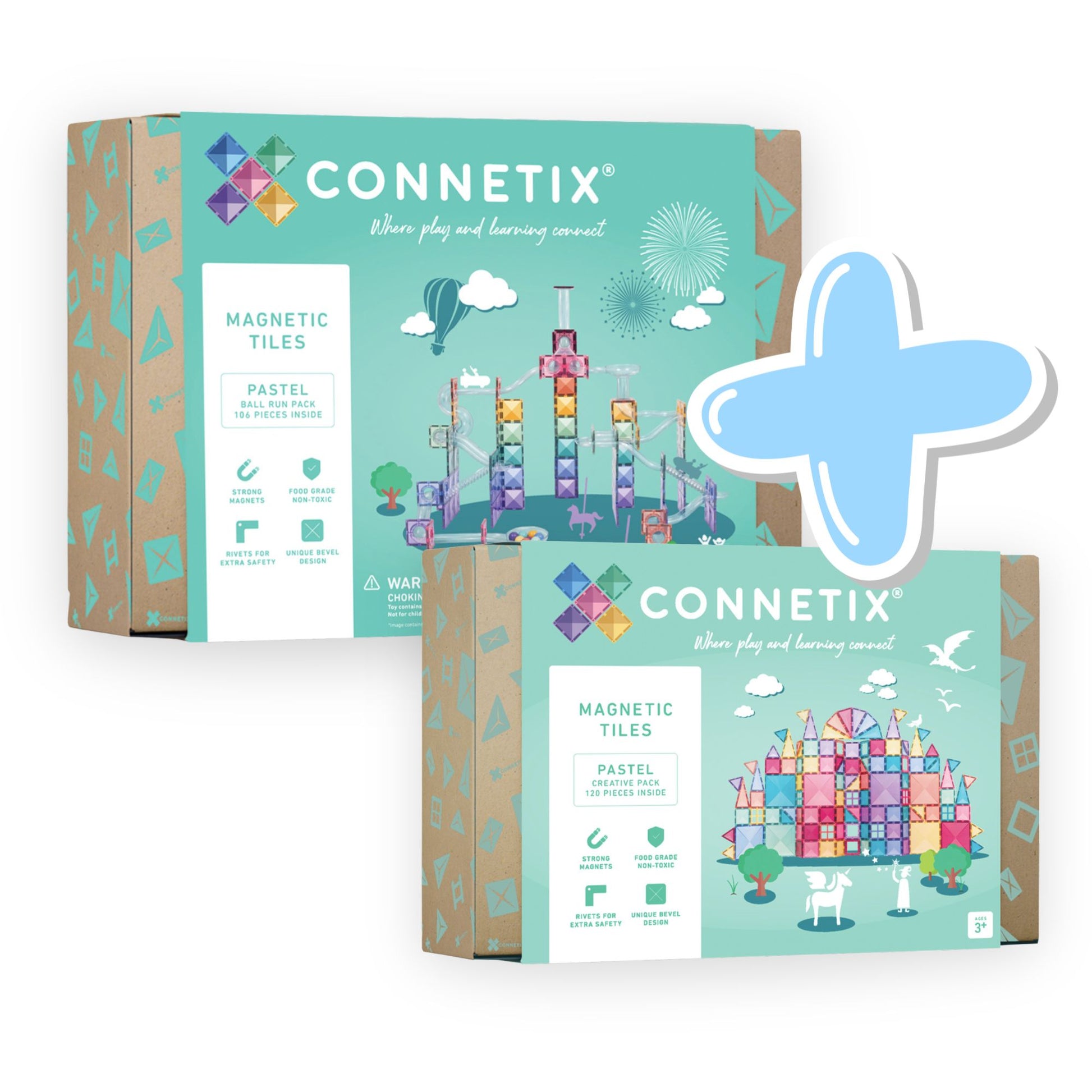 Connetix Pastel Ball Run bundel verpakking voorkant met magnetische tegels knikkerbaan en creative pack