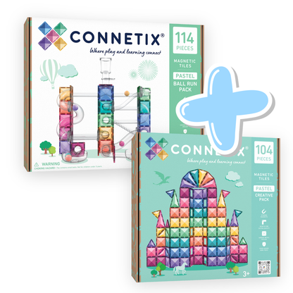 Connetix Pastel Ball Run bundel verpakking voorkant met magnetische tegels knikkerbaan en creative pack