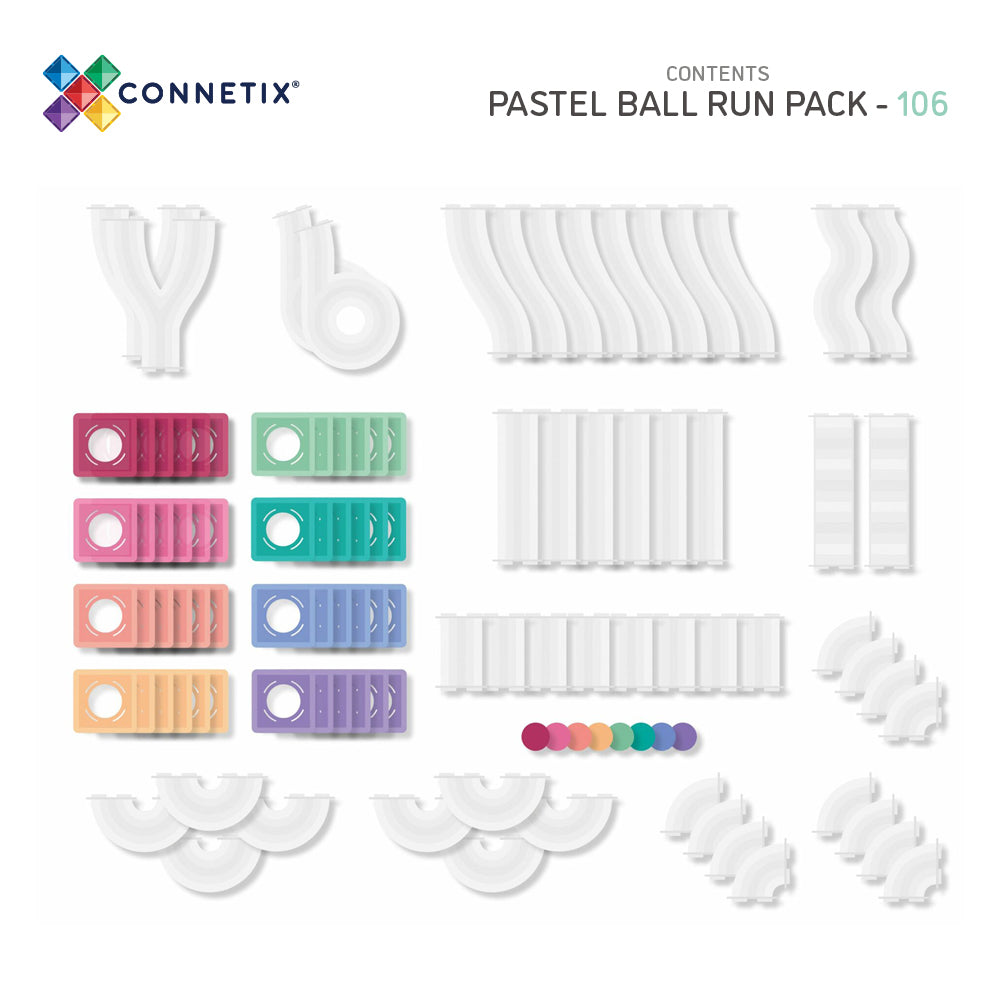 Compleet inhoudoverzicht Connetix Pastel Ball Run Pack 106 pc met magnetische tegels, glijbanen en knikkers