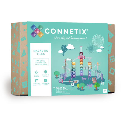 Voorkant verpakking Connetix Pastel Ball Run Pack 106 pc doos met Magnetic Tiles en knikkerbaan afbeelding