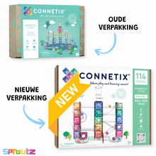 Connetix Pastel Ball Run Pack 114 verpakking voorkant met magnetische tegels en knikkerbaan afbeelding