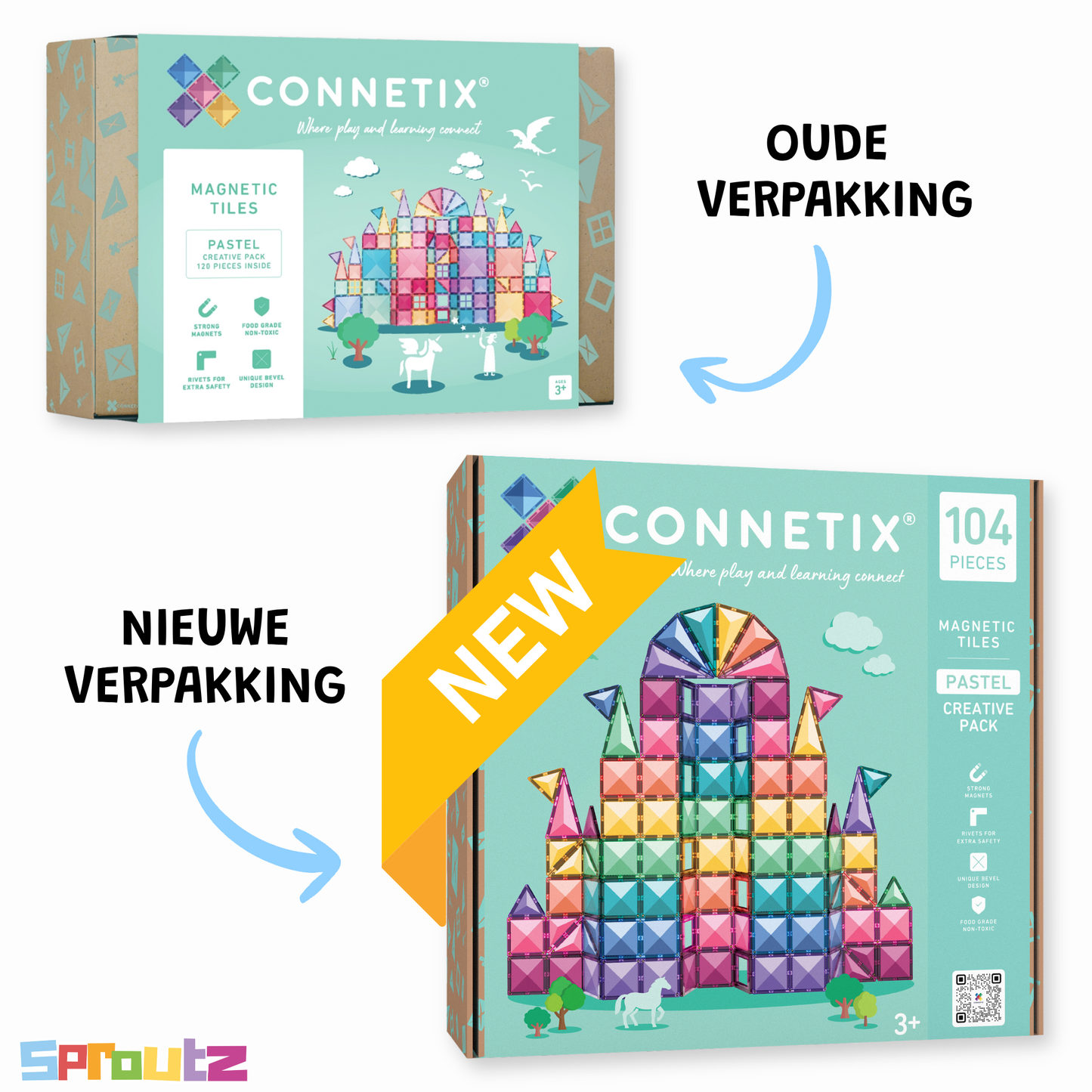 Connetix Pastel Creative Pack voorkant nieuwe verpakking, 104 magnetische tegels voor kinderen vanaf 3 jaar